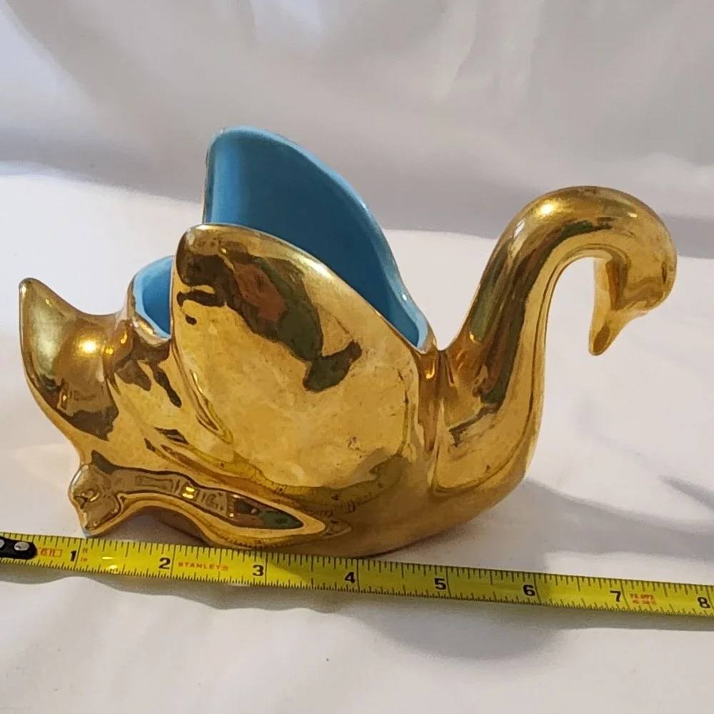 1950's  Gold Swan Ceramic Jewelry‎ Holder- Blue Unbranded